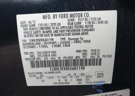 2014 Lincoln Mks из США, поврежденный, VIN 1LNHL9EK0EG601198